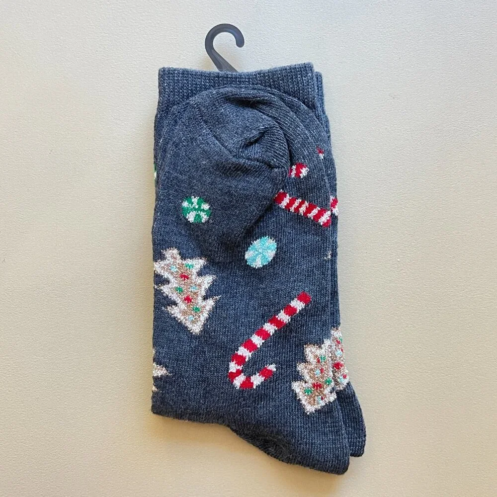 New Shine Socks Christmas Tree Holiday Candy Cane Charcoal Gray NWT